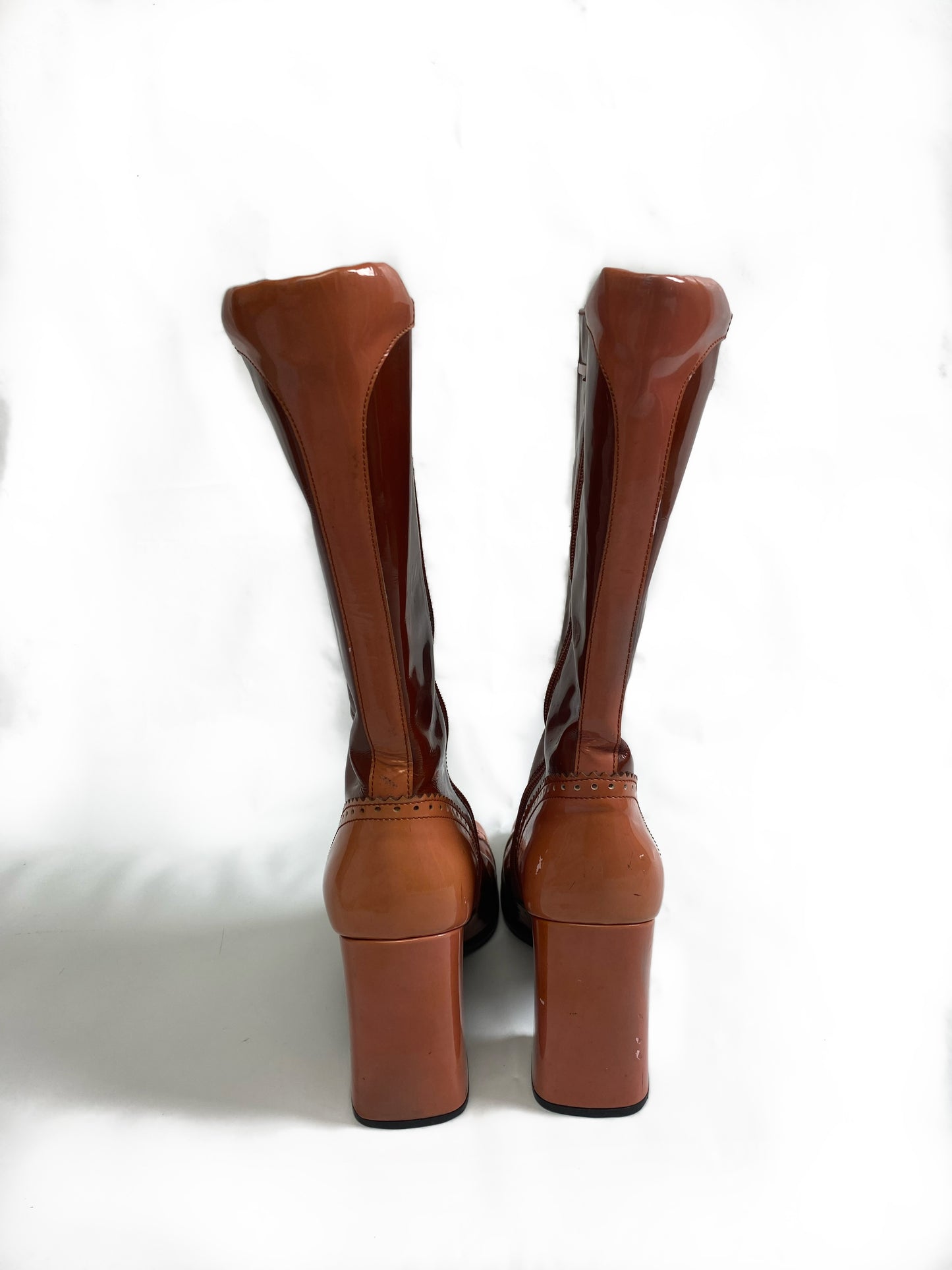 Prada Brown & Pink Patent Leather Mid Calf Boots
