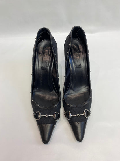 Gucci Black GG Studded Horsebit Pointed Heels
