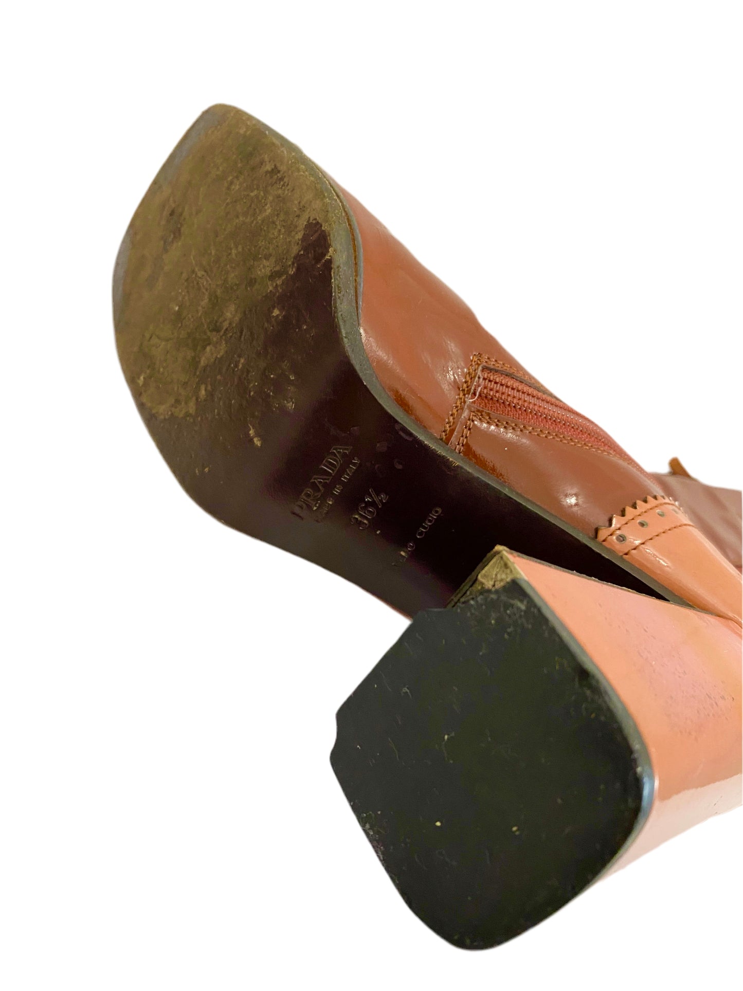 Prada Brown & Pink Patent Leather Mid Calf Boots