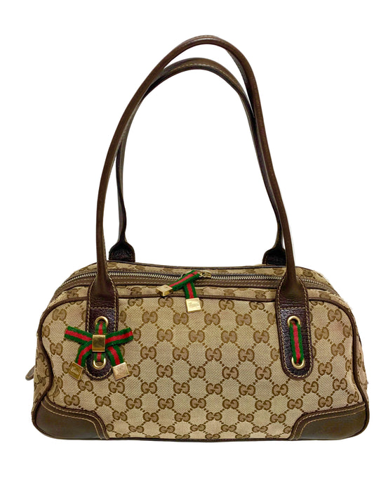 Gucci Brown Monogram Bow Sherry Line Princy Boston Meduim Bag