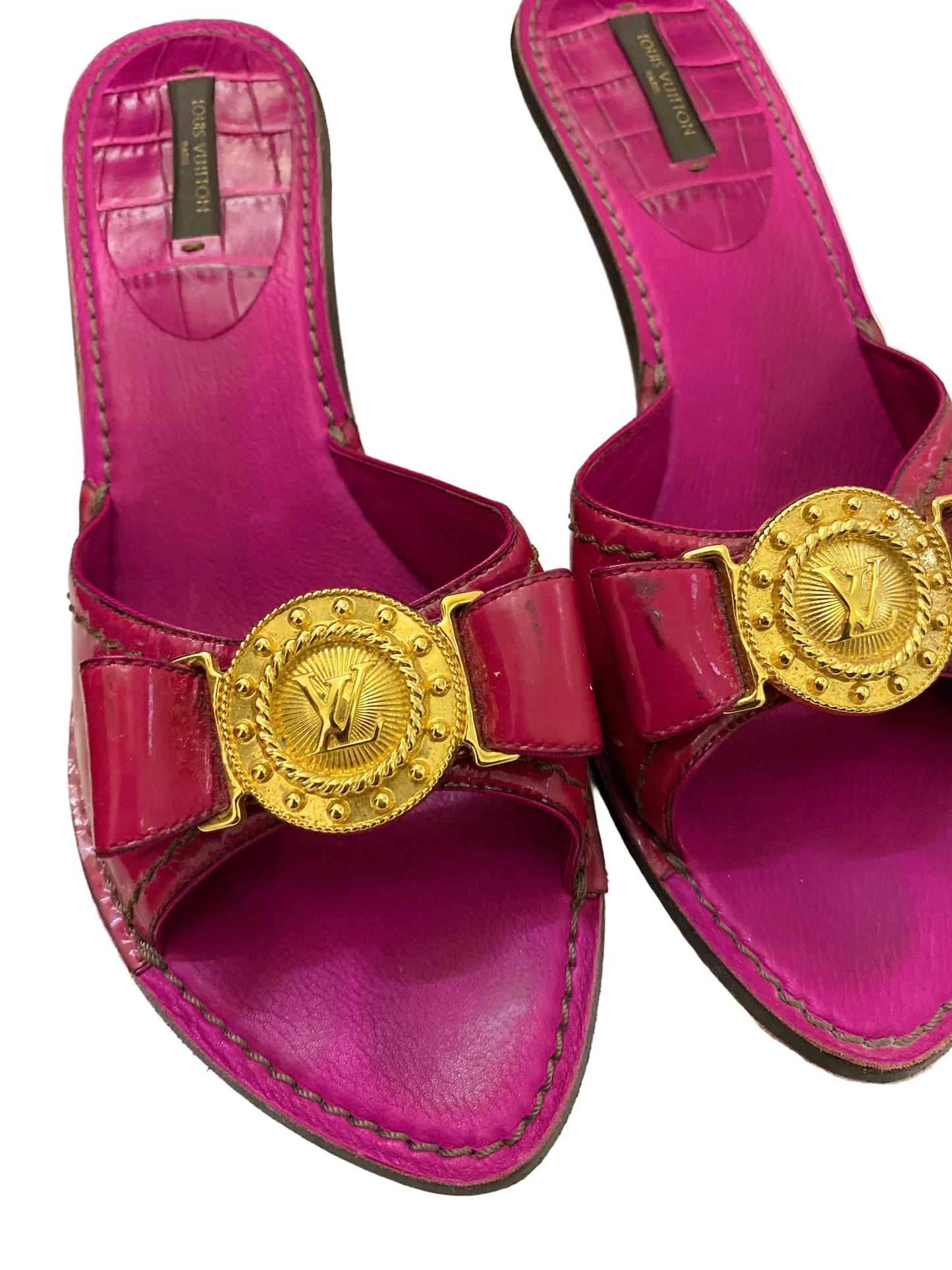 Louis Vuitton Hot Pink Gold Logo Mules