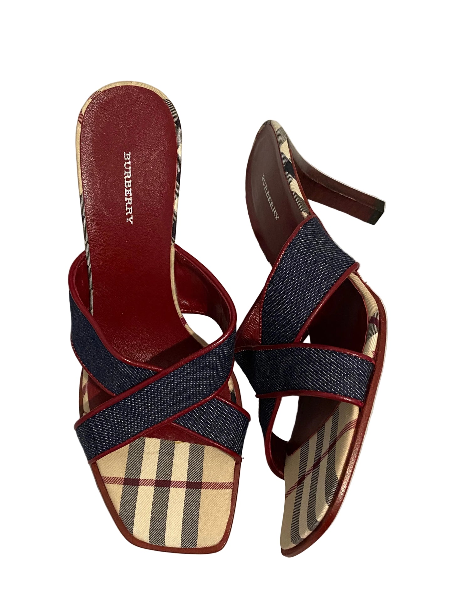Burberry Blue Denim Criss Cross Nova Check Mule Heels