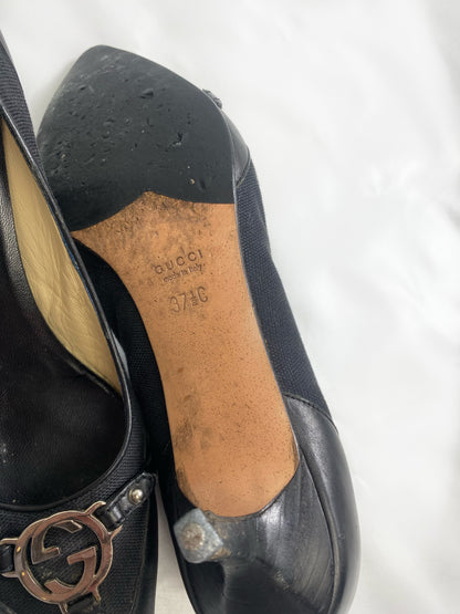 Gucci Black GG Silver Buckle Pointed Kitten Heels