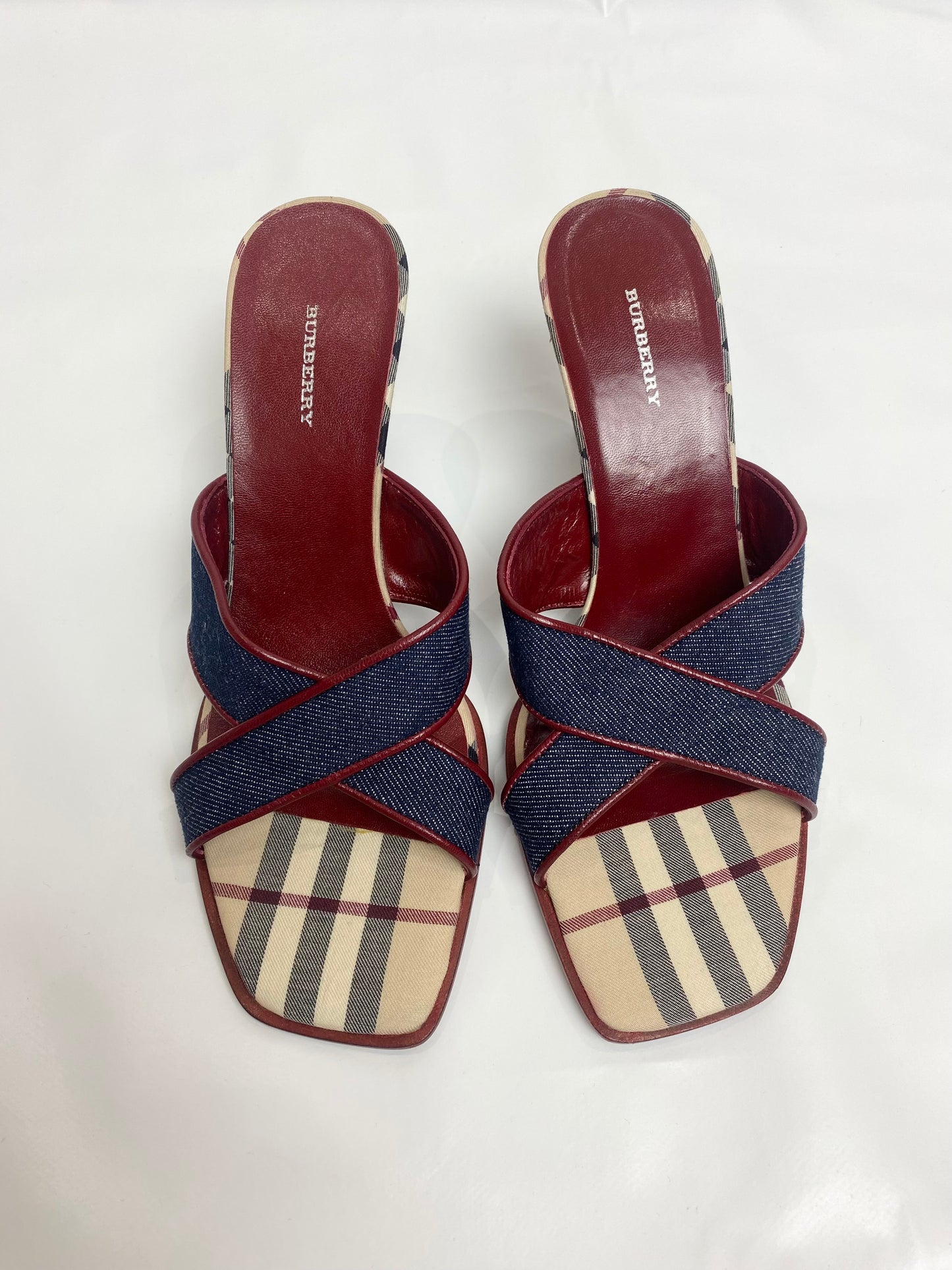 Burberry Blue Denim Criss Cross Nova Check Mule Heels