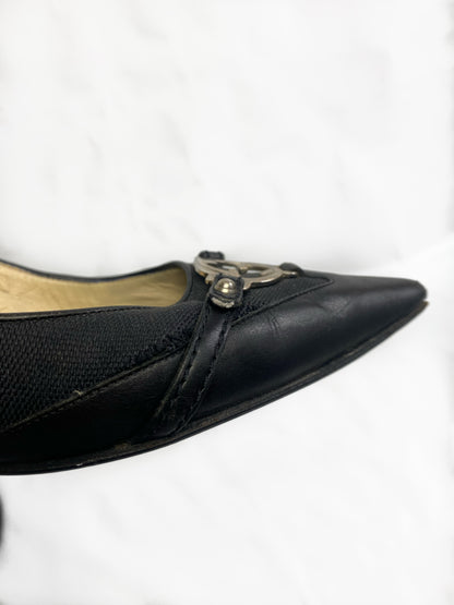 Gucci Black GG Silver Buckle Pointed Kitten Heels