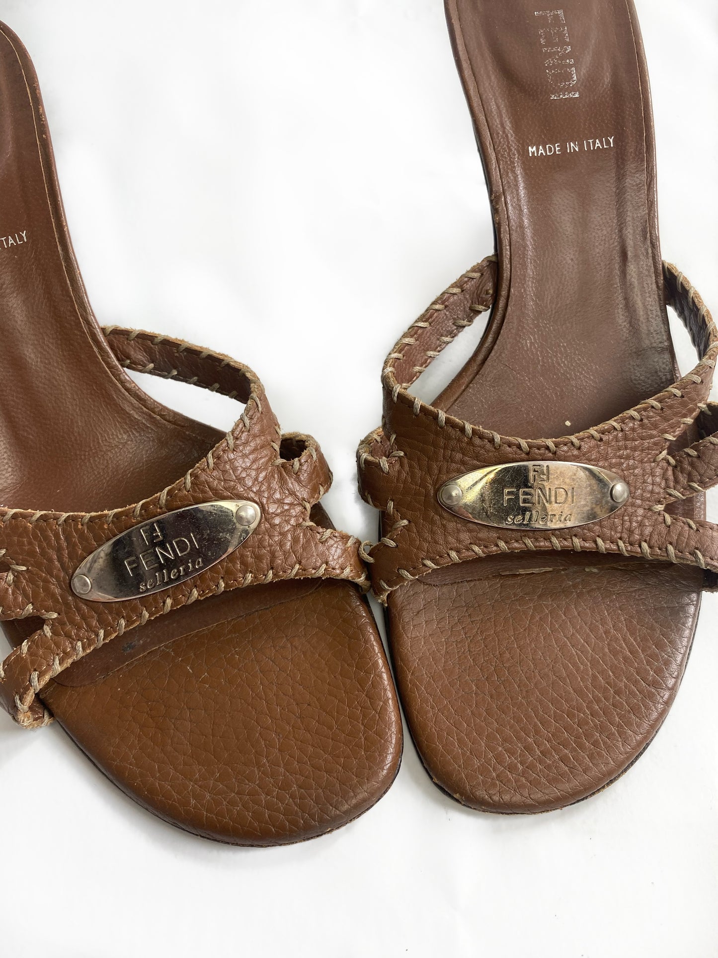 Fendi Brown Leather 'Selleria' Kitten Heels