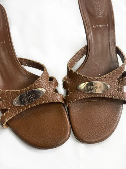 Fendi Brown Leather 'Selleria' Kitten Heels