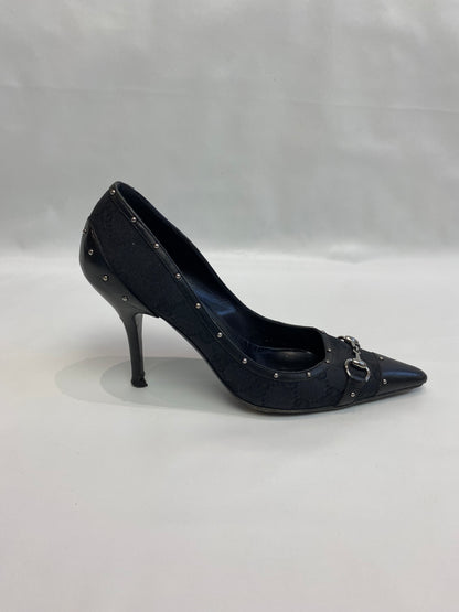 Gucci Black GG Studded Horsebit Pointed Heels