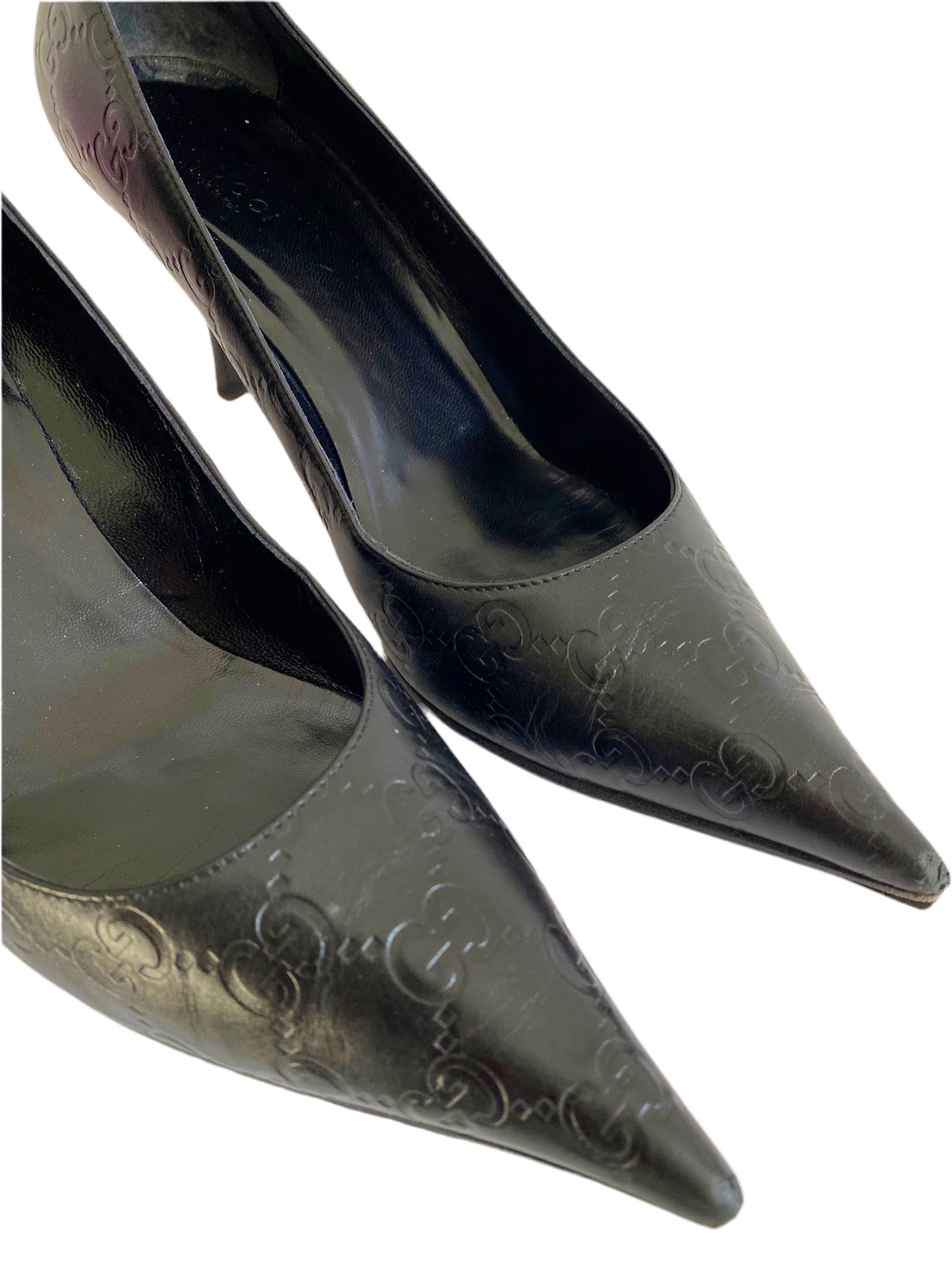 Gucci Black Leather GG Pointed Heels