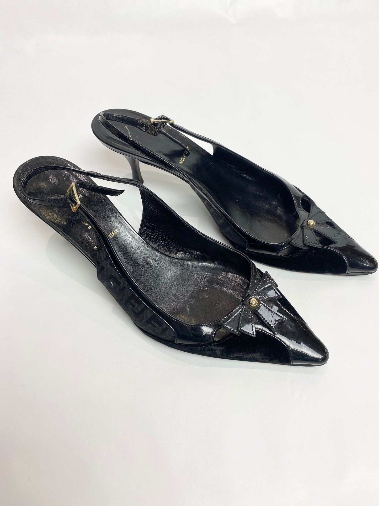 Fendi Zucca FF Logo Slingback Front Bow Heels