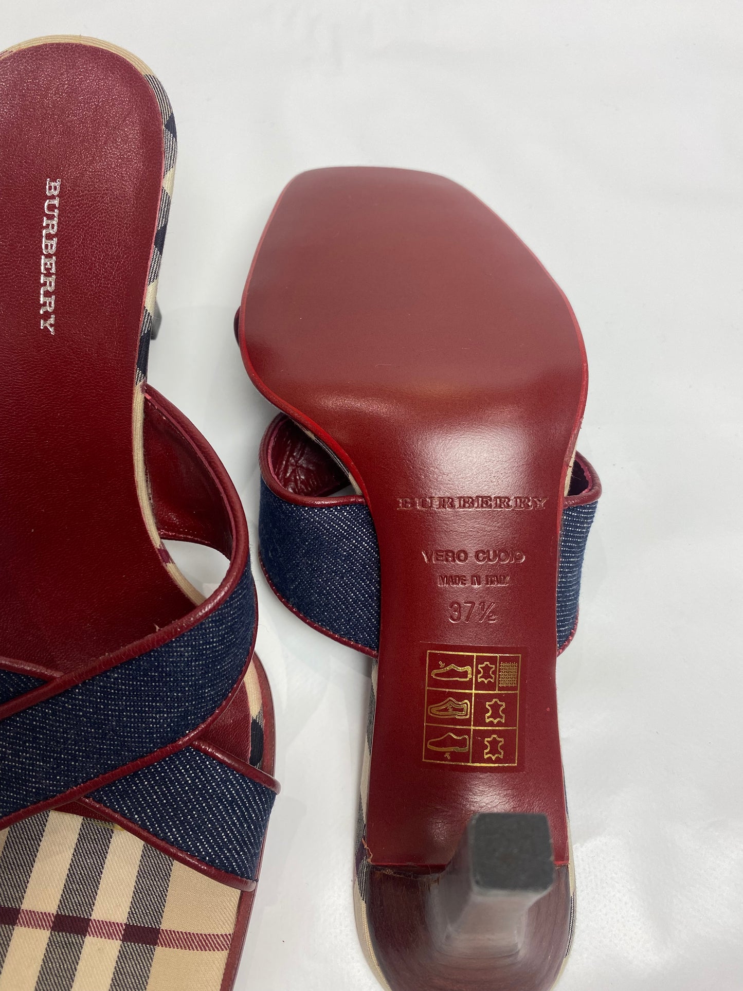 Burberry Blue Denim Criss Cross Nova Check Mule Heels