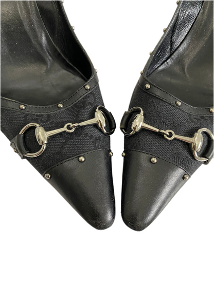 Gucci Black GG Studded Horsebit Pointed Heels