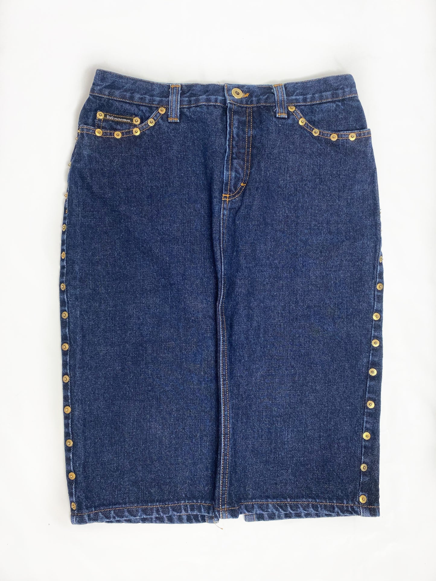 Dolce & Gabbana Blue Denim Gold Stud Midi Skirt