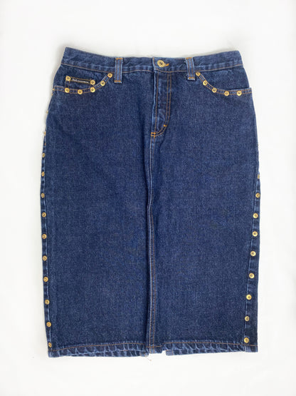 Dolce & Gabbana Blue Denim Gold Stud Midi Skirt