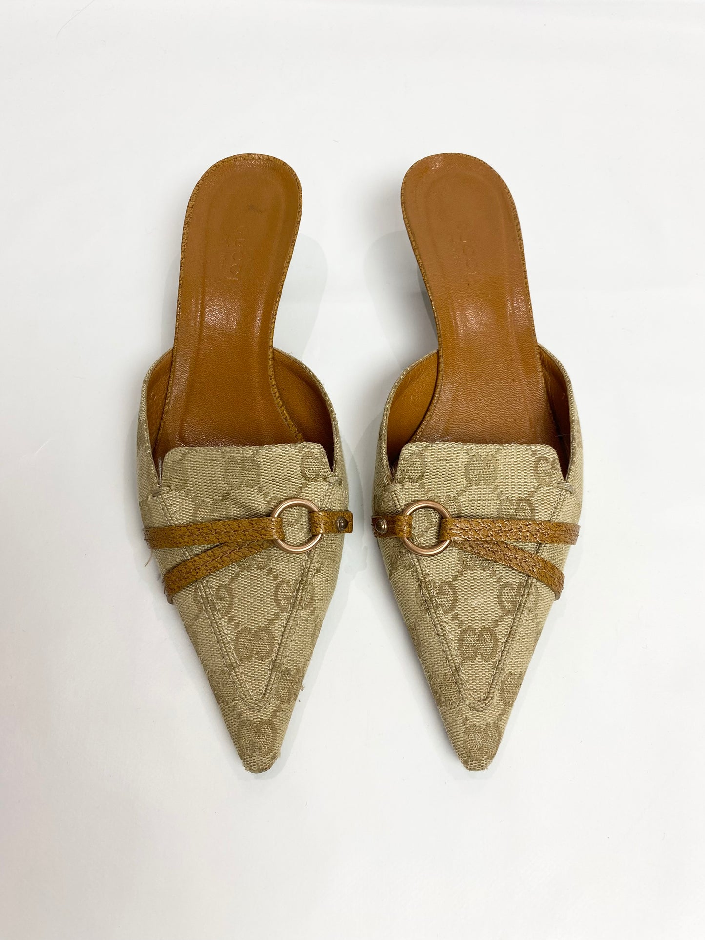 Gucci Tan Brown Monogram Pointed Mule Heels