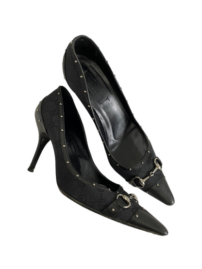 Gucci Black GG Studded Horsebit Pointed Heels