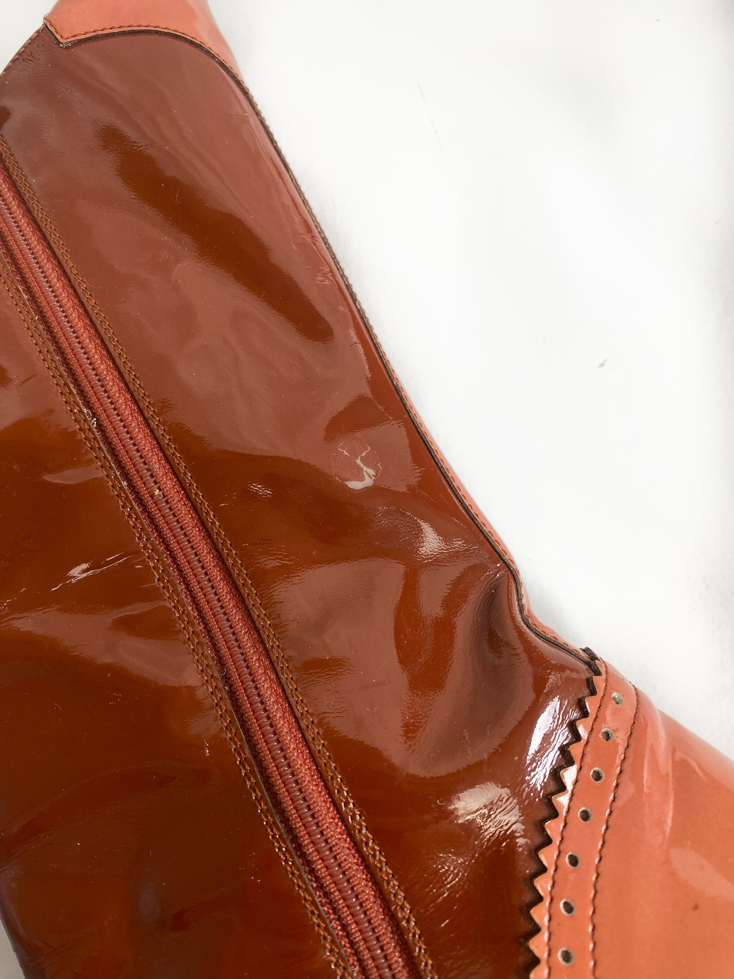 Prada Brown & Pink Patent Leather Mid Calf Boots