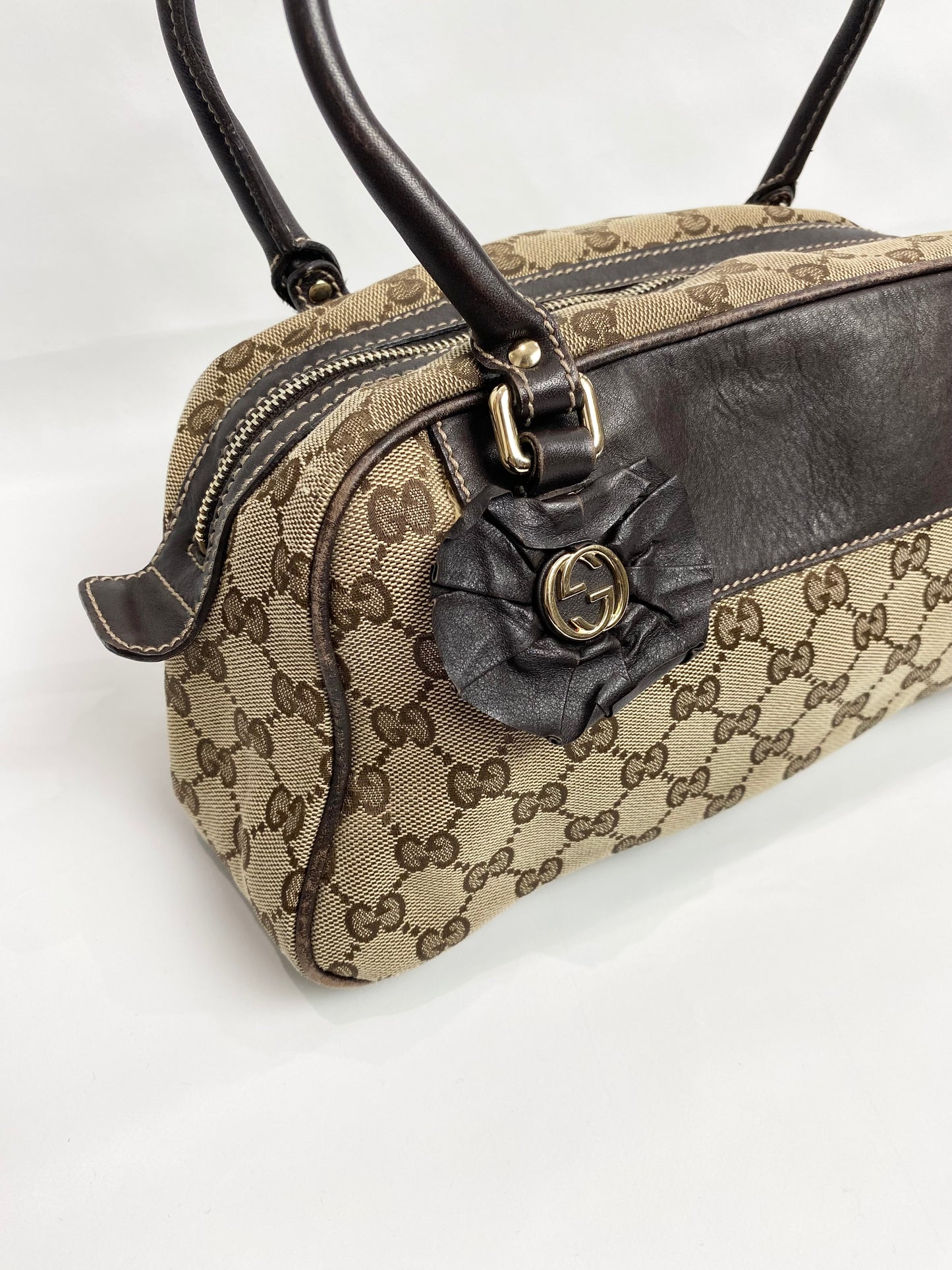 Gucci Monogram Canvas Brown Flower Boston Bag