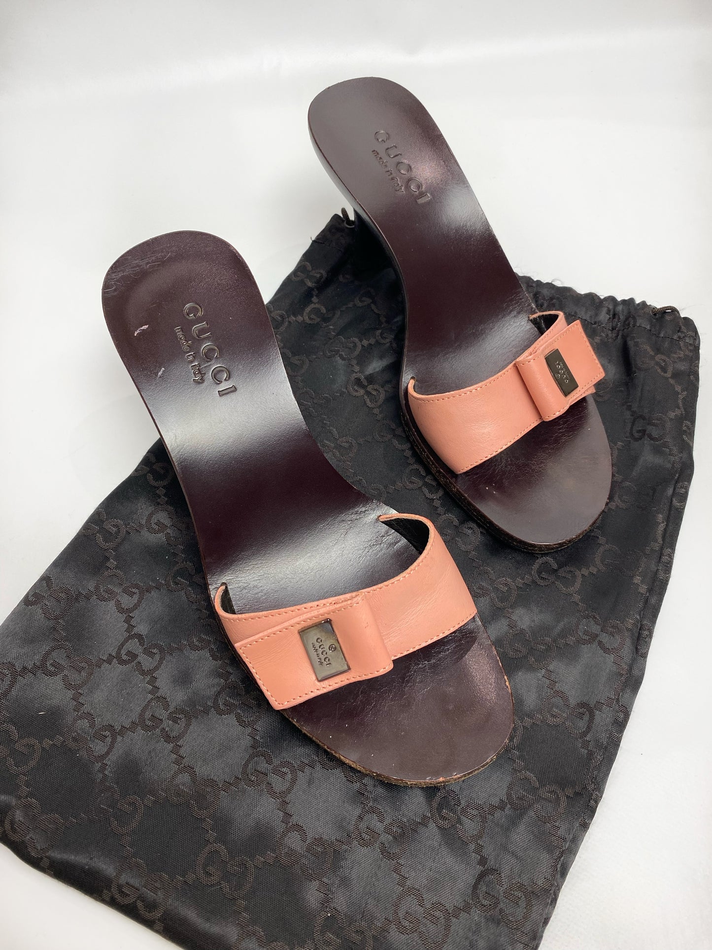 Gucci Brown Wooden Pink Strap Mule Heels