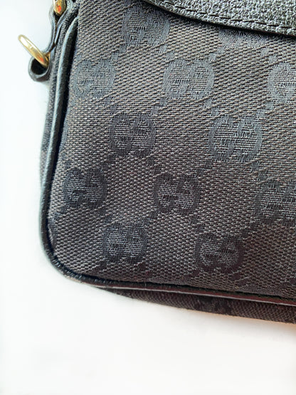 Gucci GG Monogram Black Canvas Gold Charm Shoulder Bag