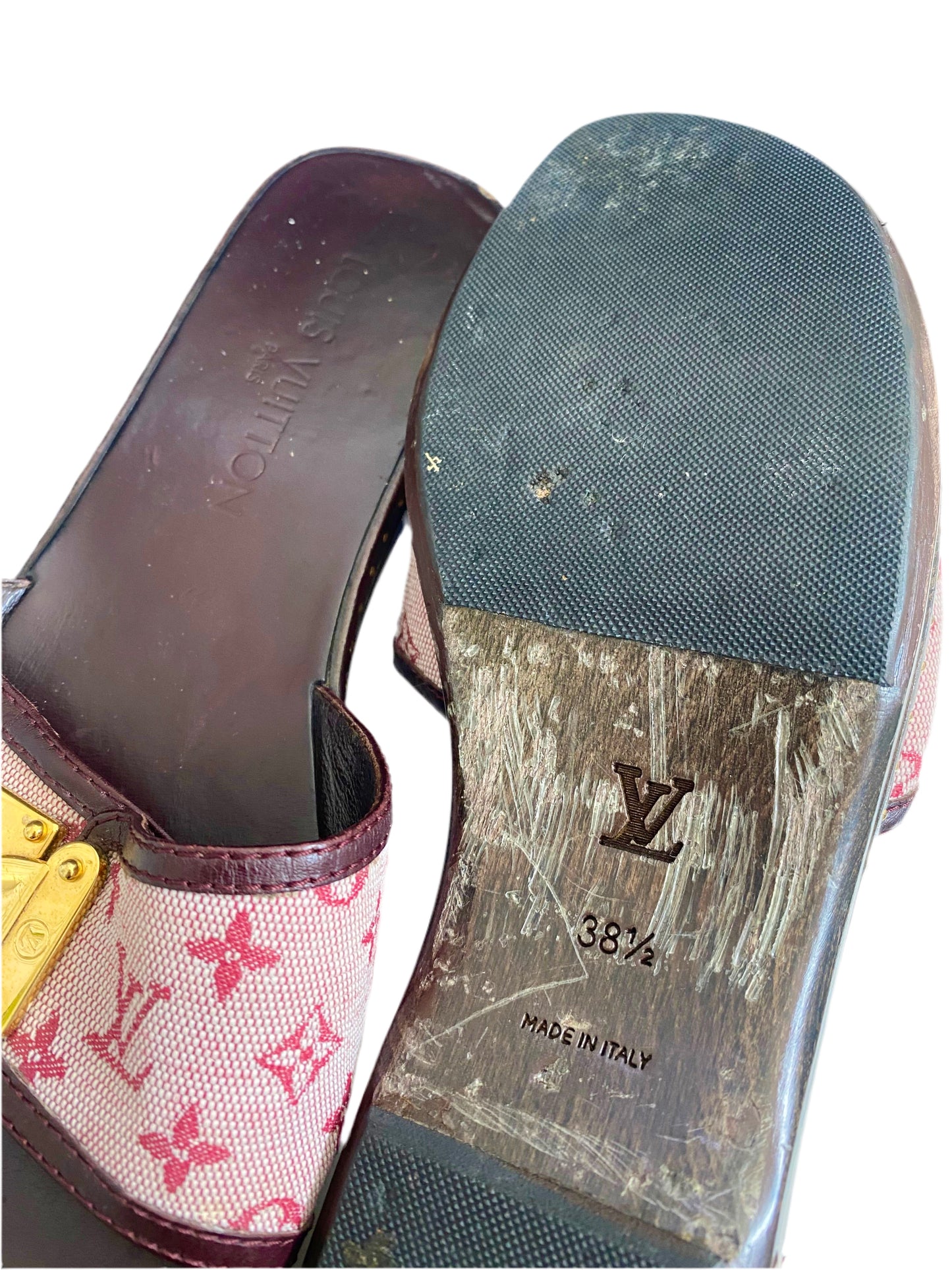 Louis Vuitton 90’s Pink Monogram Denim Wooden Clog Mules