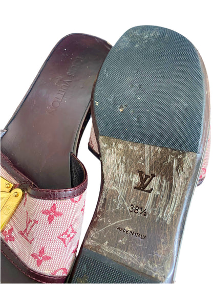 Louis Vuitton 90’s Pink Monogram Denim Wooden Clog Mules