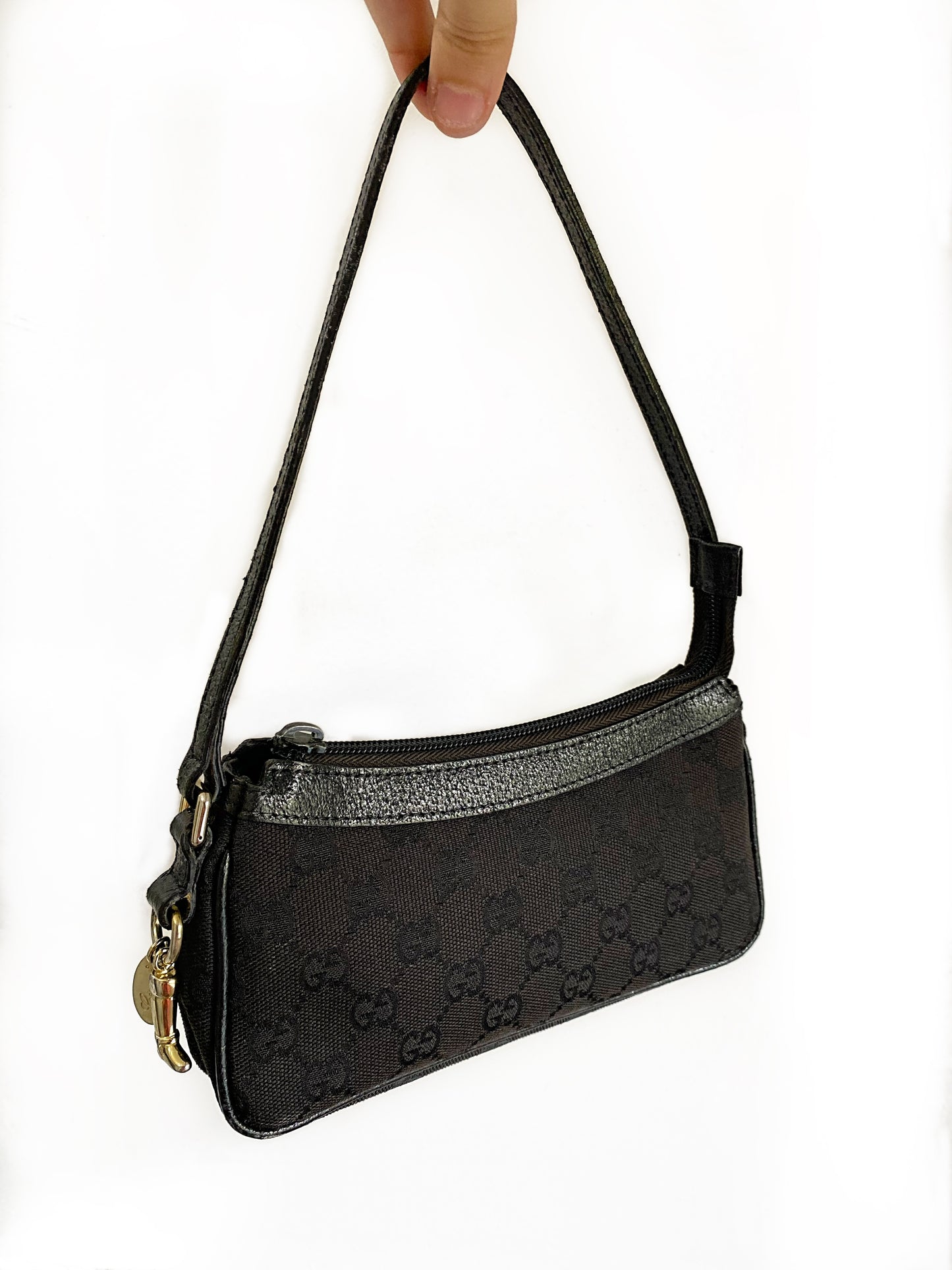 Gucci GG Monogram Black Canvas Gold Charm Shoulder Bag
