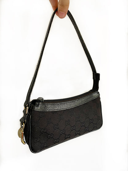 Gucci GG Monogram Black Canvas Gold Charm Shoulder Bag