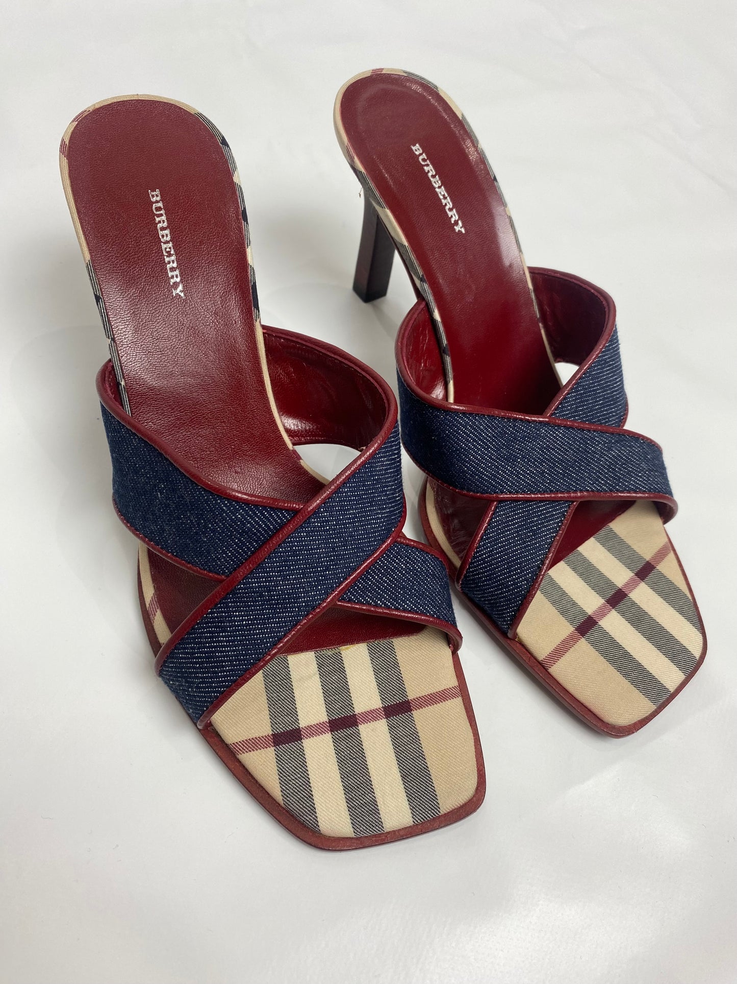 Burberry Blue Denim Criss Cross Nova Check Mule Heels