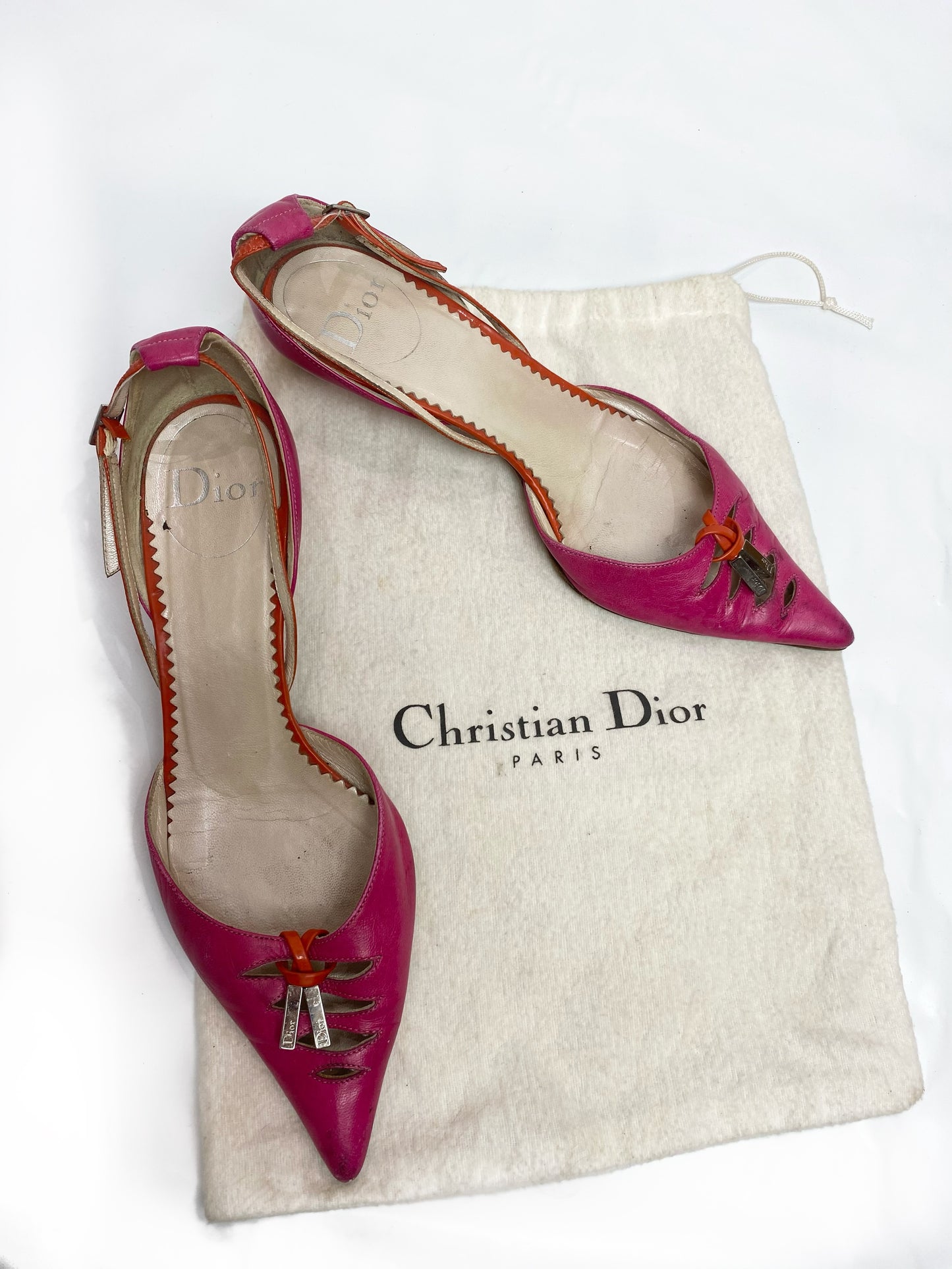 Christian Dior Vintage Fuschia Pink / Orange Kitten Heels