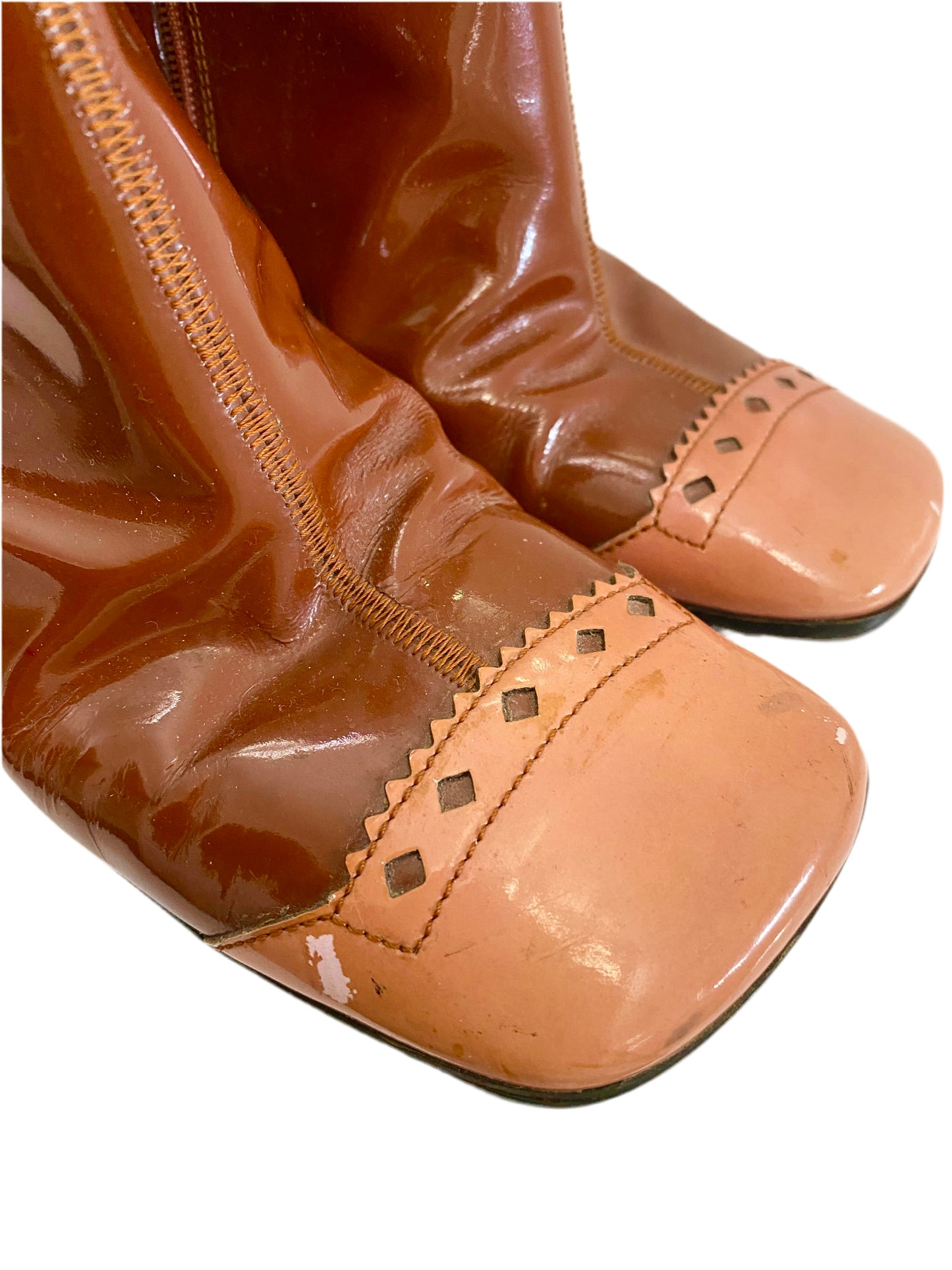 Prada Brown & Pink Patent Leather Mid Calf Boots