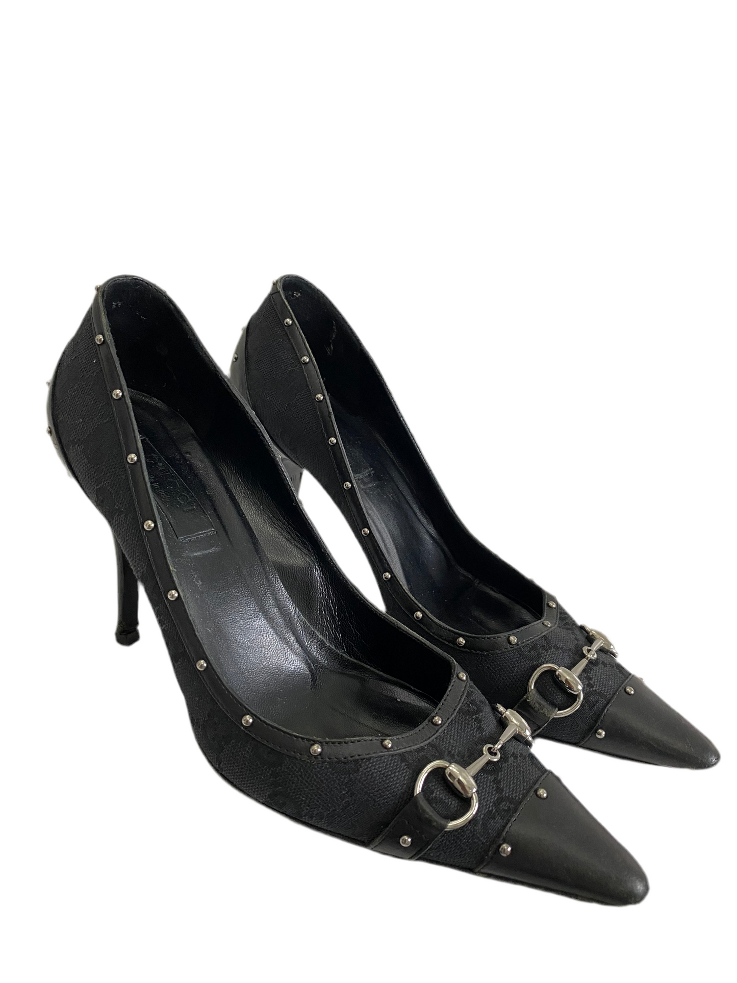 Gucci Black GG Studded Horsebit Pointed Heels