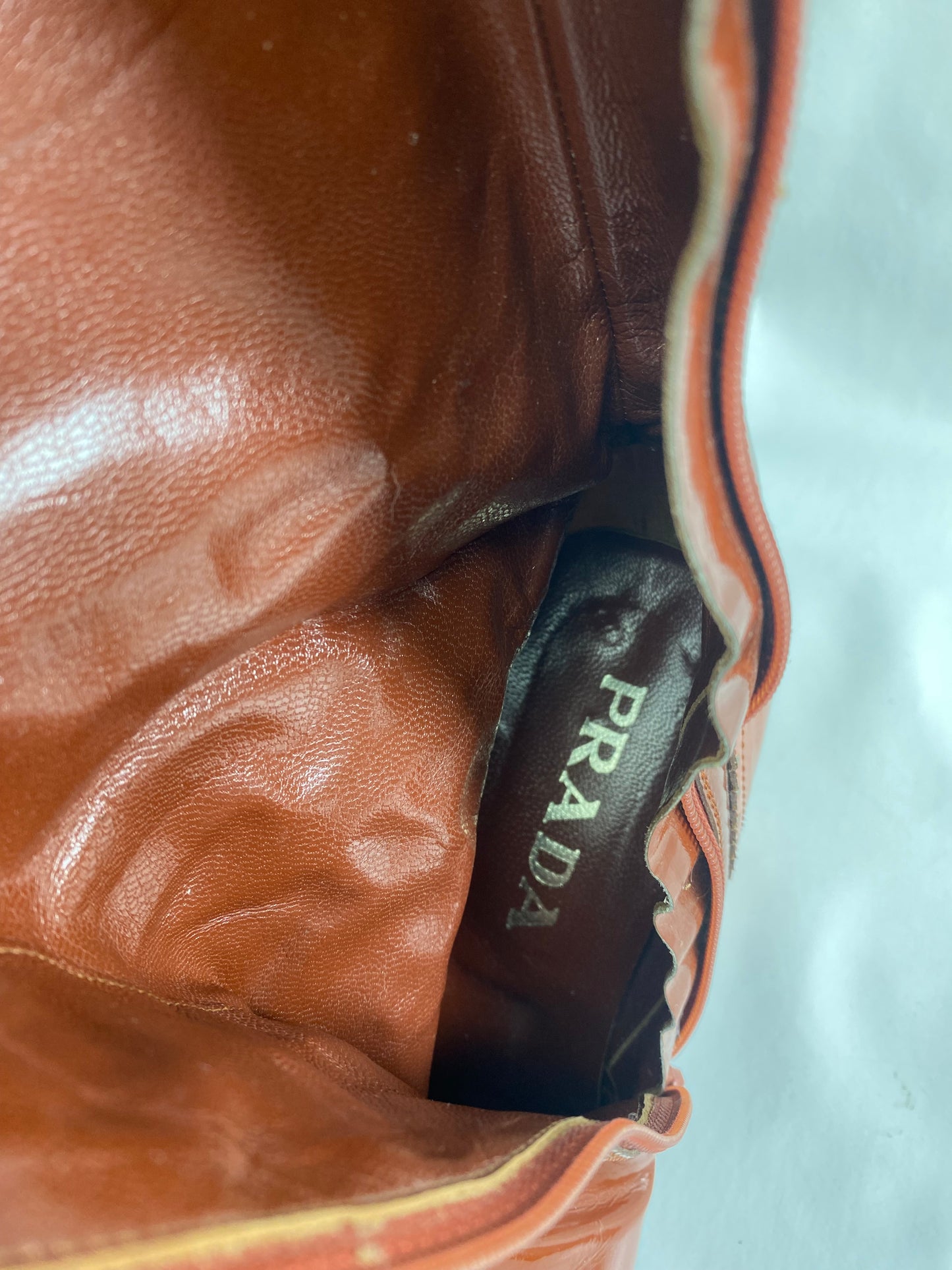 Prada Brown & Pink Patent Leather Mid Calf Boots