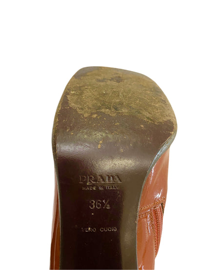 Prada Brown & Pink Patent Leather Mid Calf Boots