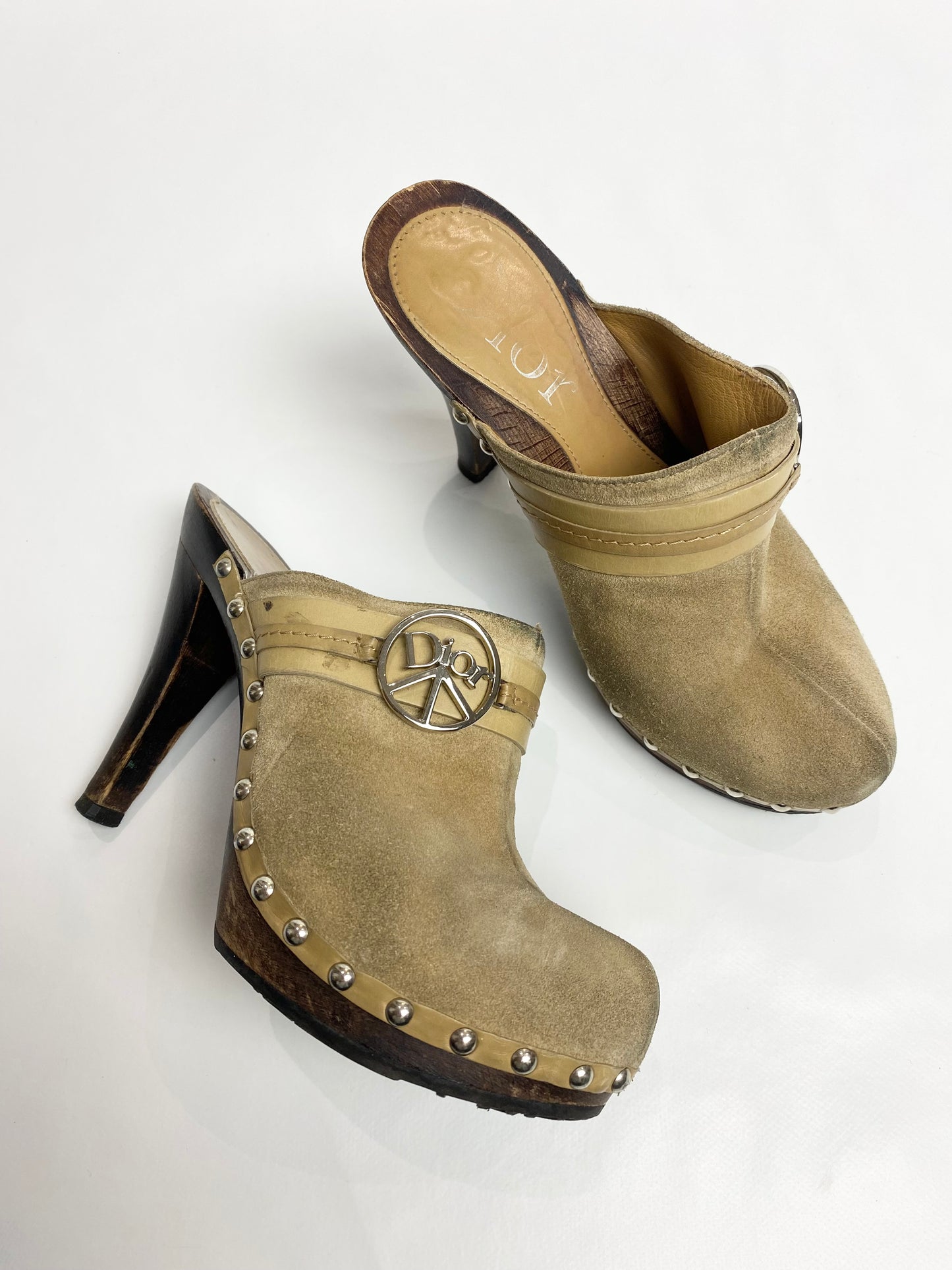 Dior Suede Studded Peace Wooden Clogs