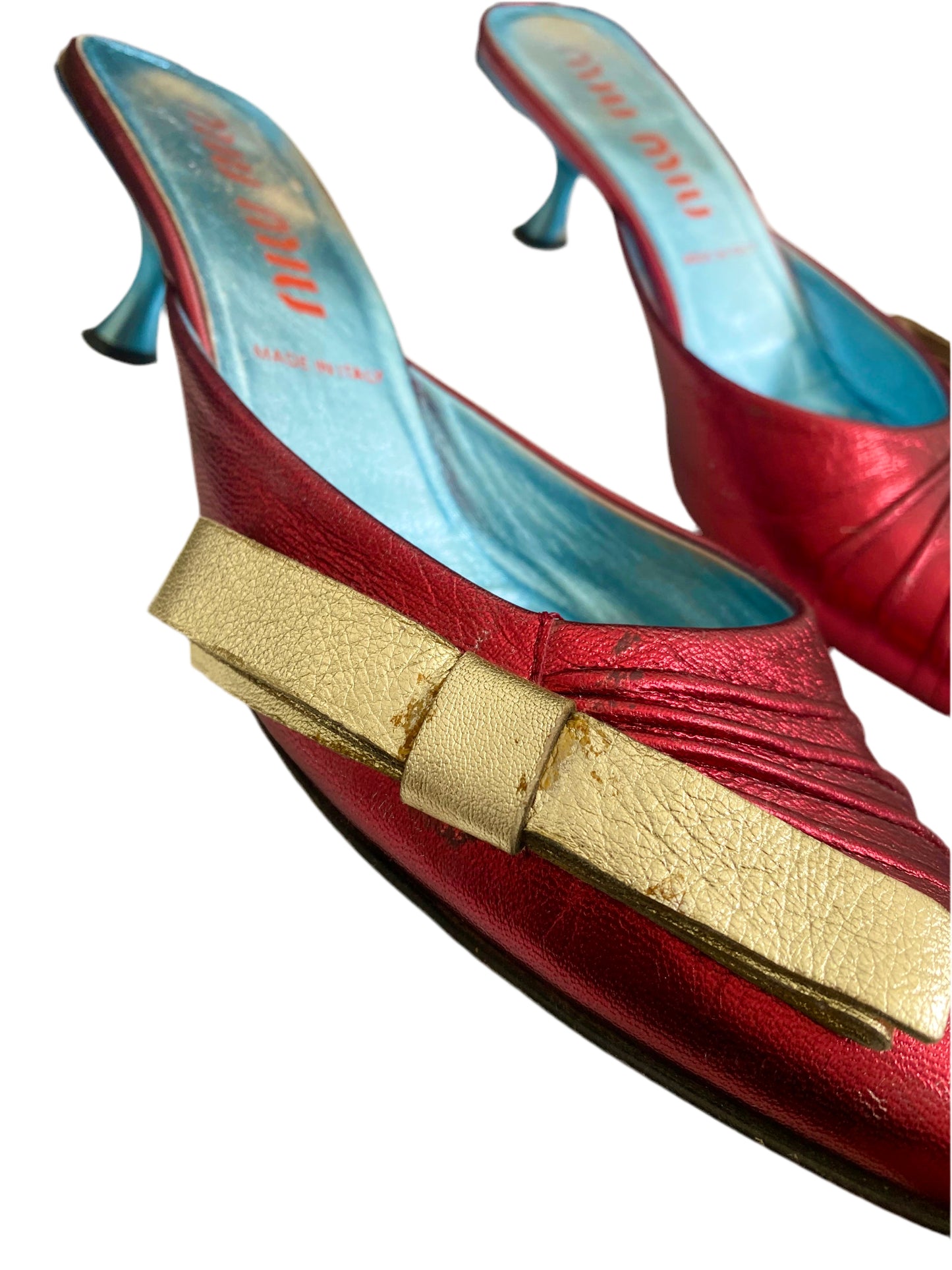 Miu Miu SS2000 Red Metallic Bow Leather Mules