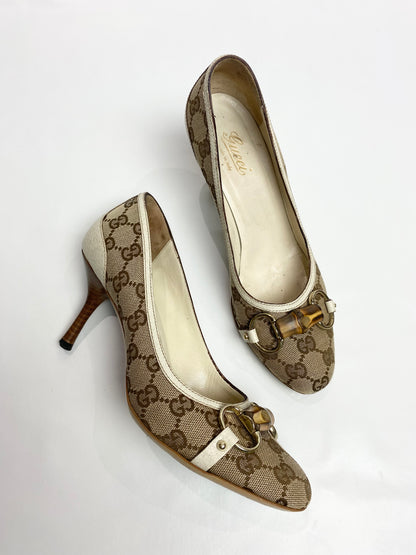 Gucci Monogram Bamboo Horsebit Cream Heels