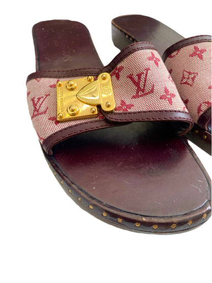 Louis Vuitton 90’s Pink Monogram Denim Wooden Clog Mules