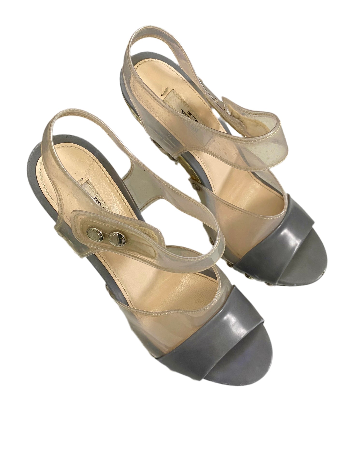 Prada Transparent PVC Grey Studded Ankle Strap Sandals