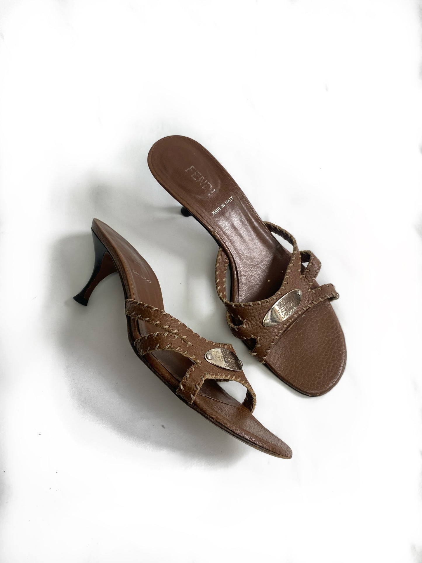 Fendi Brown Leather 'Selleria' Kitten Heels
