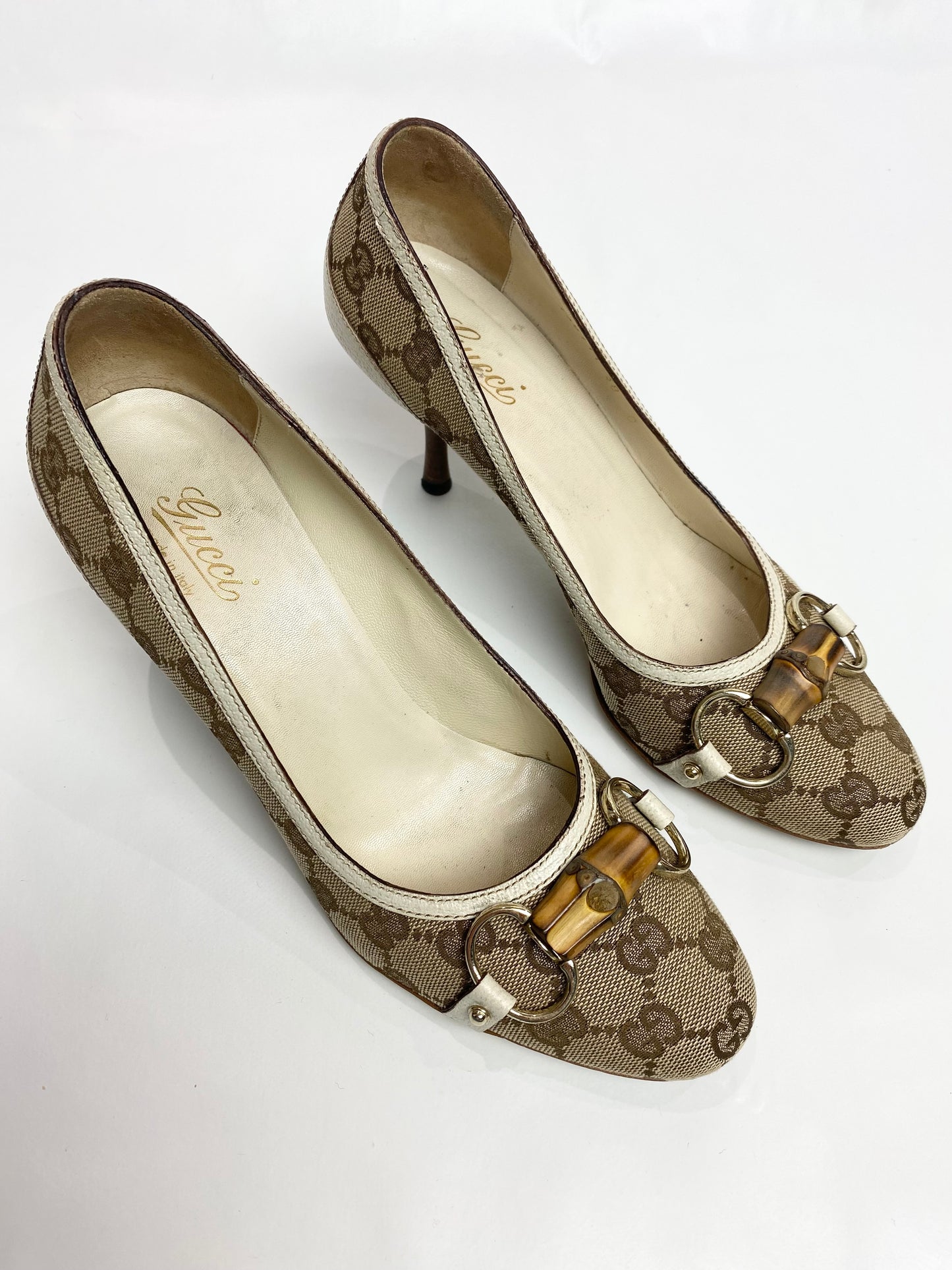 Gucci Monogram Bamboo Horsebit Cream Heels