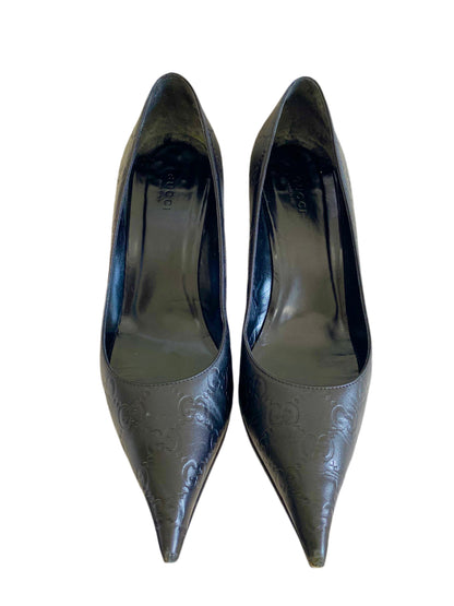 Gucci Black Leather GG Pointed Heels