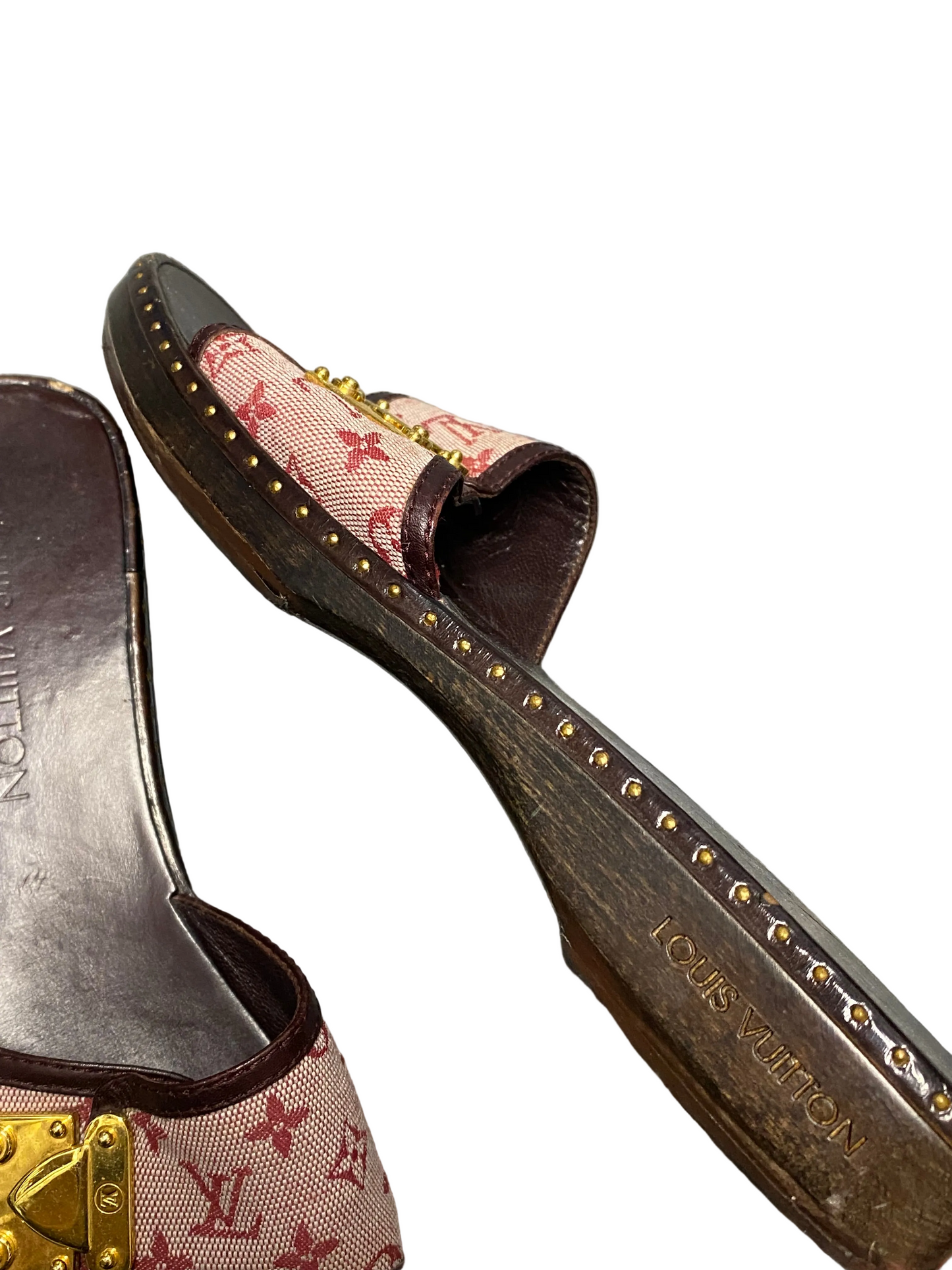 Louis Vuitton 90’s Pink Monogram Denim Wooden Clog Mules