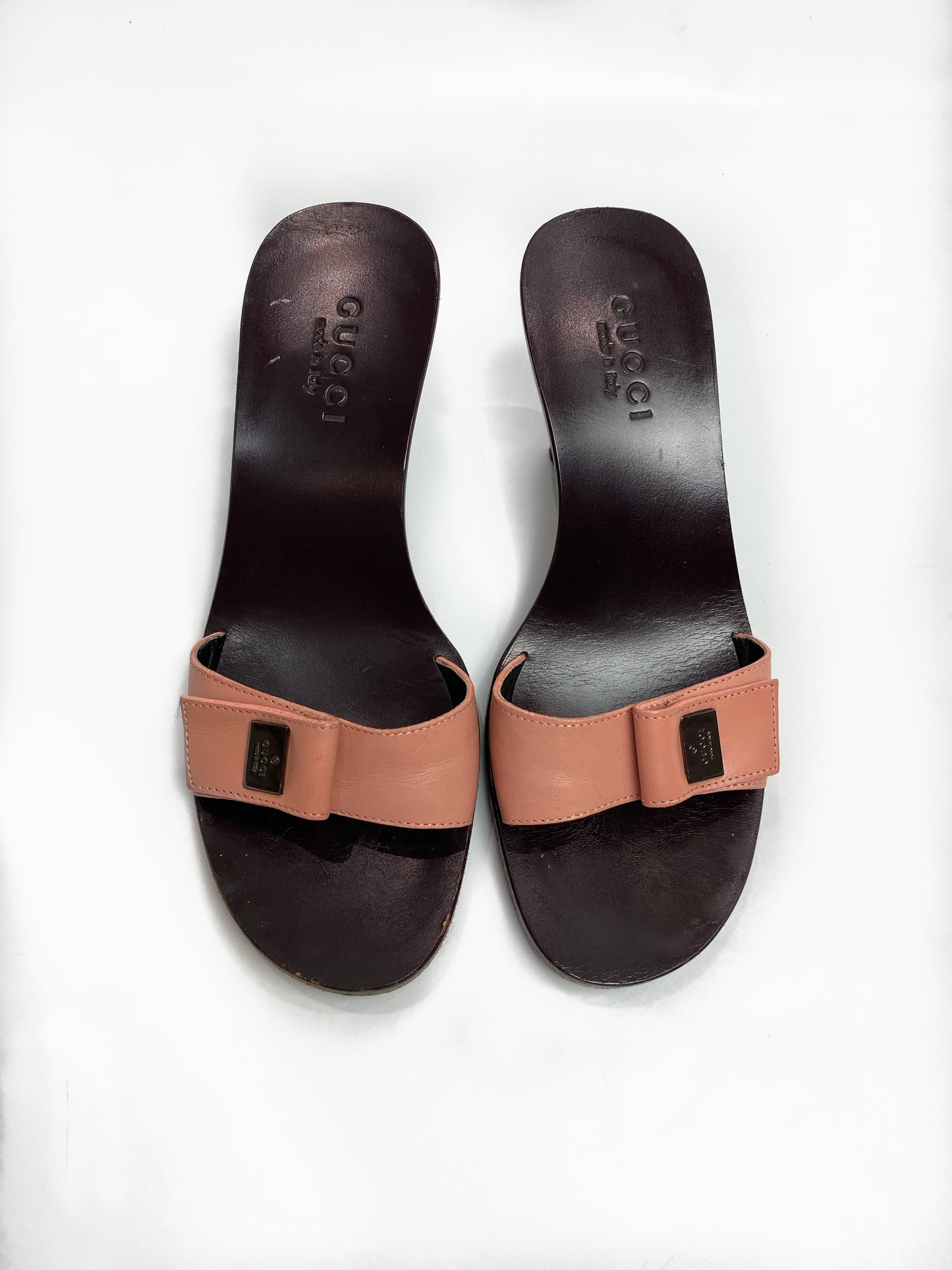 Gucci Brown Wooden Pink Strap Mule Heels