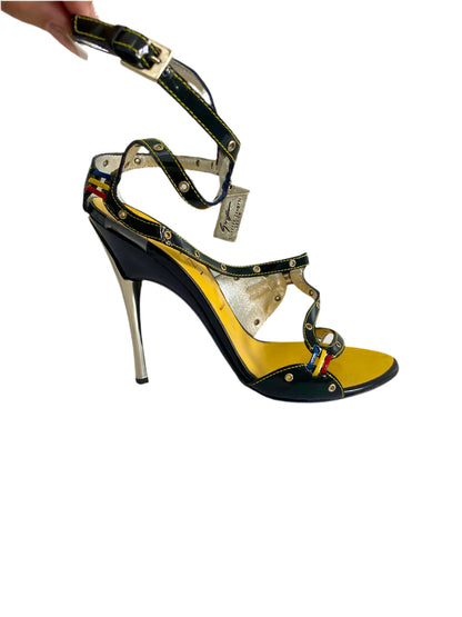 Giuseppe Zanotti Vicini Vintage Black & Yellow Strap Sandal Heels