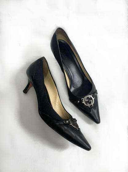 Gucci Black GG Silver Buckle Pointed Kitten Heels