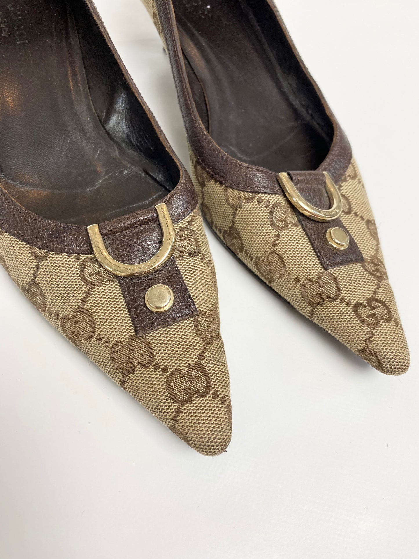 Gucci Pointed D-Ring Brown Kitten Heels