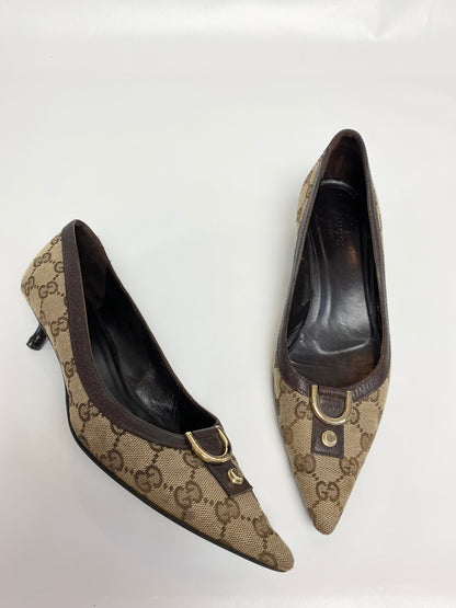 Gucci Pointed D-Ring Brown Kitten Heels