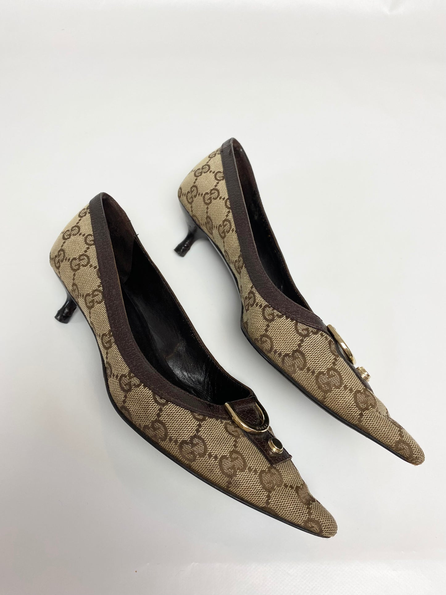 Gucci Pointed D-Ring Brown Kitten Heels