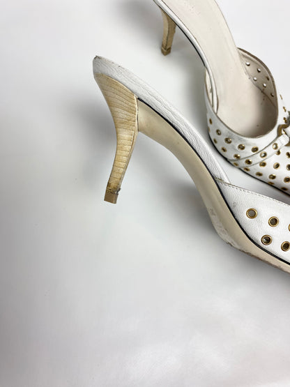 Gucci White Leather Eyelet Pointed Mule Heels